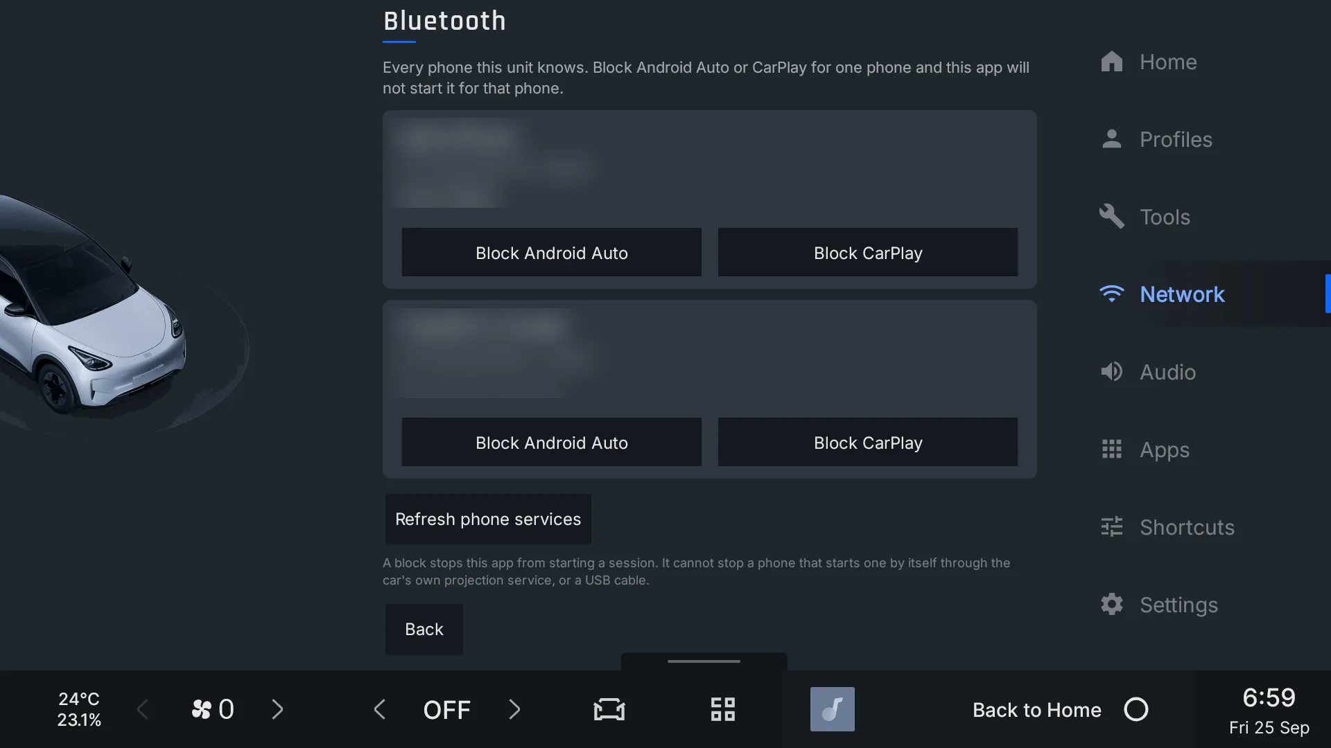 The Bluetooth screen listing two paired phones, names hidden, each with Block Android Auto and Block CarPlay buttons.