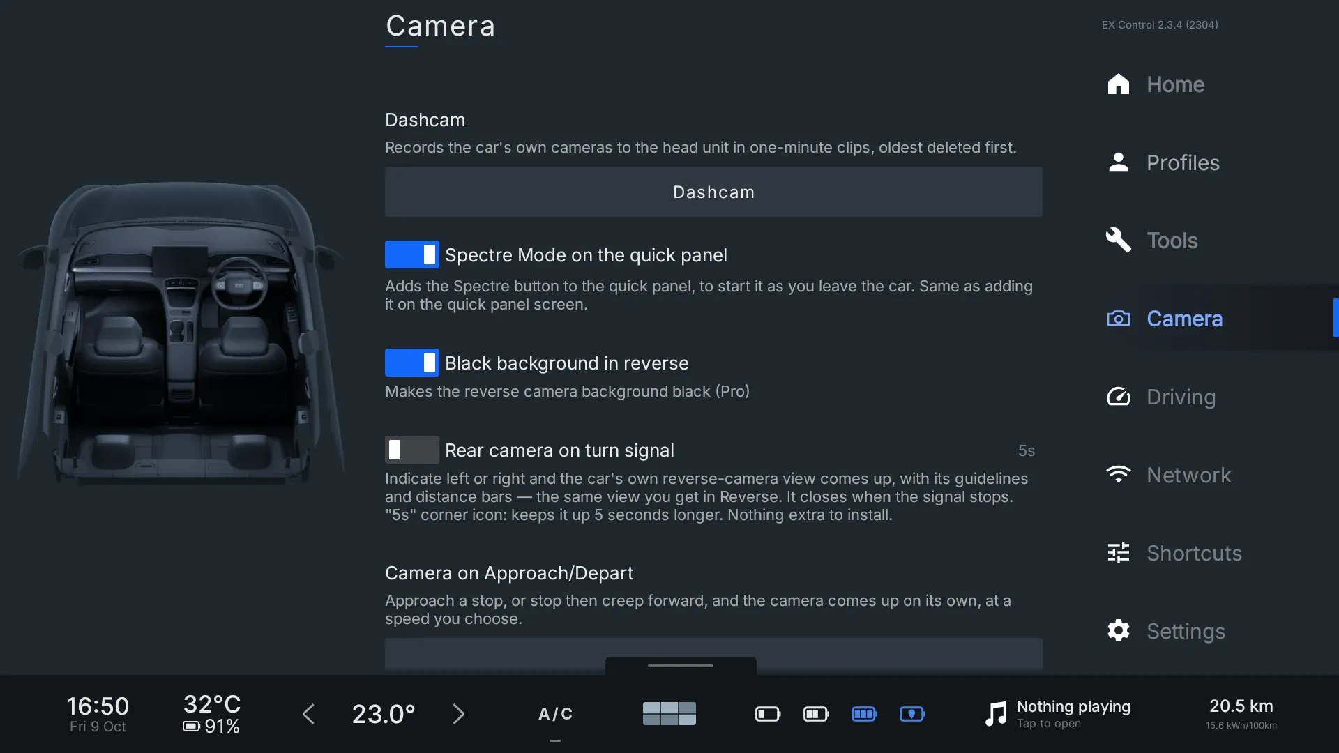 The Camera screen: a Dashcam button, the Spectre Mode on the quick panel switch, black background in reverse, rear camera on turn signal, and camera on approach / depart.