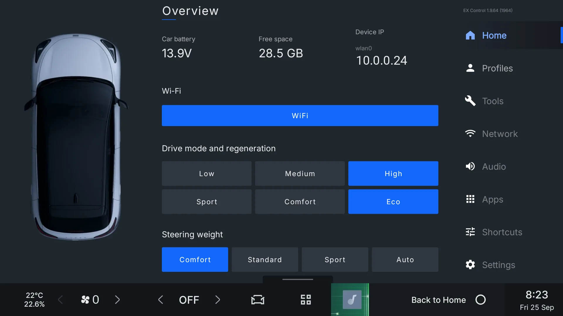 The EX Control home screen: car battery, free space, device IP, Wi-Fi, drive mode and regeneration buttons, and steering weight.