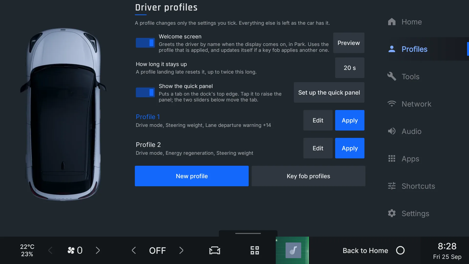 The Driver profiles screen: welcome screen and quick panel switches, two profiles with Edit and Apply, and buttons for a new profile and key fob profiles.