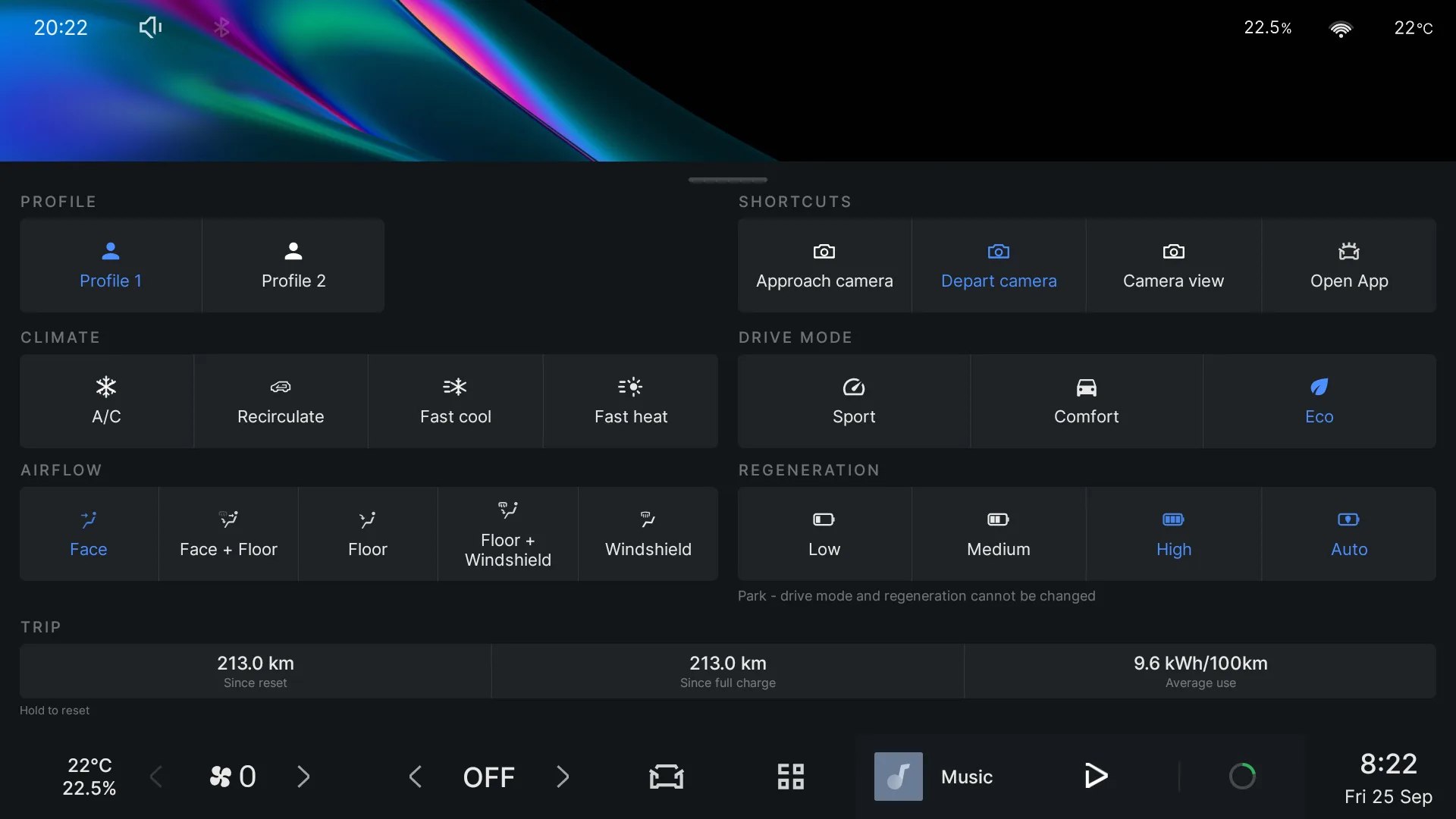 The quick panel raised over the head unit's home screen: profile, climate, airflow, shortcuts, drive mode, regeneration and trip readouts.