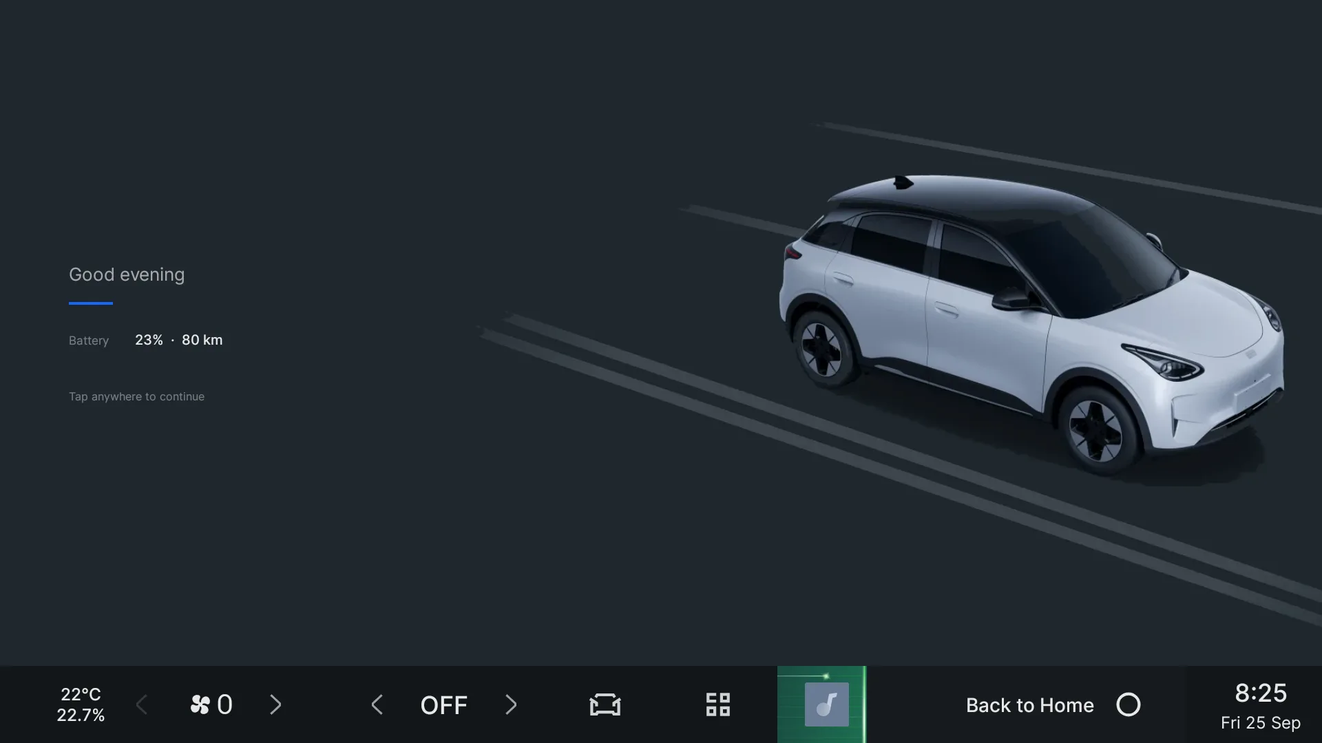 The welcome screen: Good evening, battery 23% and 80 km, beside a render of the car.